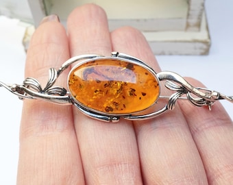 Broche de ámbar de plata de ley, broche de ámbar hecho a mano, alfiler de ámbar báltico, joyería de ámbar báltico natural, joyería hecha a mano, broche de plata