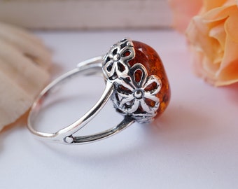 Floral Baltic Amber Ring, Adjustable Sterling Silver Band