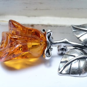 Rose Amber Brooch, Amber And Sterling Silver Rose Brooch, Floral Jewellery, Handmade Amber Brooch, Gemstone Rose Broch, Rose Flower Brooch