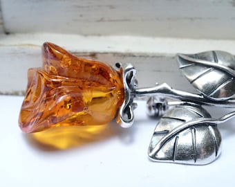 Broche de rosa de ámbar báltico hecho a mano, joyería floral de plata de ley