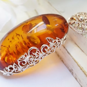 Amber Stone Pendant, Natural Amber Filigree Pendant, 100% Natural Amber Pendant, Decorative Sterling Silver And Amber Pendant,Amber Jewelry
