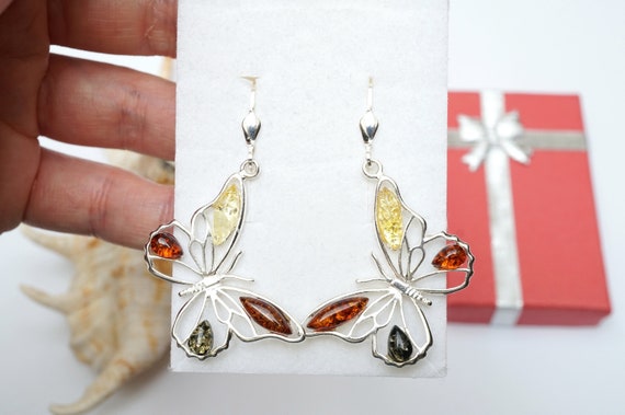 Multicolor Amber Butterfly Earrings Amber and Sterling Silver Butterfly Earrings Earrings With Real Amber Handmade Amber Jewellery Stone Etsy