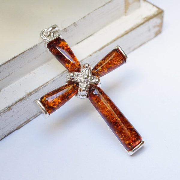Amber Cross, Amber And Silver Cross, Baltic Amber Cross, Amber Pendant, Amber Necklace, Baltic Amber Pendant, Cognac Amber, Amber Jewelry