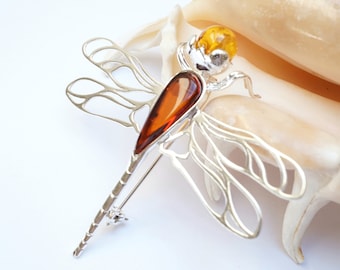 Sterling Silver Amber Dragonfly Brooch, Handmade Baltic Amber Pin