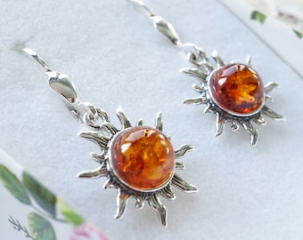Natural Amber Earrings, Amber Sun Earrings, Dangle Drop Earrings, Baltic Amber Earrings, Amber Sun Jewellery, Sun Earrings, Xmass Gift