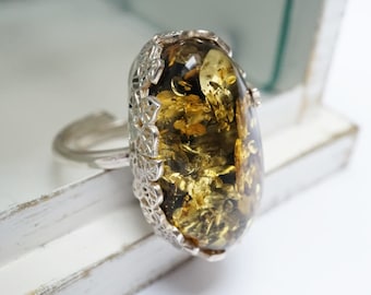 Natural Amber Ring, Green Amber Ring, Elegant Amber Ring, Baltic Amber Ring, Adjustable Amber Ring, Handmade Jewelry, Amber Jewellery,Amber