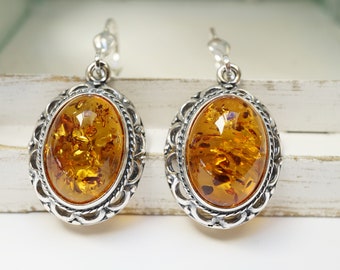 Vintage Baltic Amber Dangle Earrings, Sterling Silver