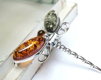Baltic Amber Dragonfly Brooch, Sterling Silver Pin, Handmade Jewelry