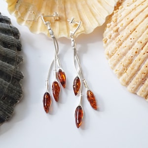 Amber Earrings, Long Amber Earrings, Dangle Amber Earrings, Cognac Amber Earrings, Amber And Silver Earrings, Amber Jewelery, Amber Gift