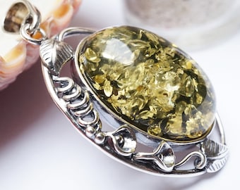 Natural Green Amber Pendant, Genuine Green Amber Pendant, Natural Baltic Amber Jewellery, Natural Amber Pendant, Amber Gift, Vintage Style
