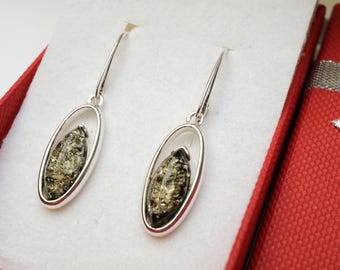 Baltic Green Amber Sterling Silver Drop Earrings