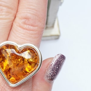 Love Amber Ring, Unique Amber Ring, Handmade Heart Amber Ring, Adjustable Amber Ring, Statement Ring, Heart Amber Ring, Coctail Amber Ring