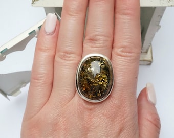 Handmade Baltic Green Amber Ring, Sterling Silver, Adjustable Band