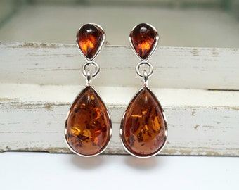 Boucles d'oreilles en ambre de la Baltique, marron cognac, pierre naturelle transparente véritable A0049 - France
