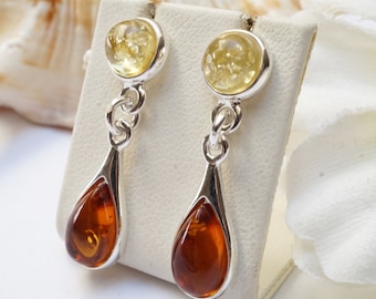 Orecchini a bottone in ambra baltica, argento sterling, ambra