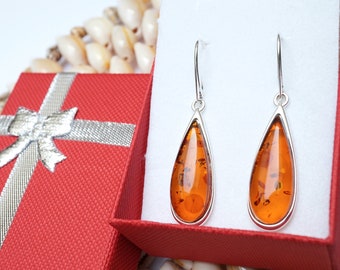 Handgemachte Sterling Silber Teardrop Bernstein Ohrringe