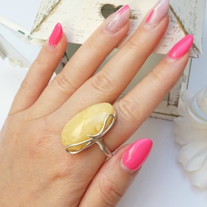 Butterscotch Amber Ring, Ring With Yellow Amber, Bow Amber Ring, Handmade White Amber Ring, Yellow Amber Ring, Amber Ring With Certificate