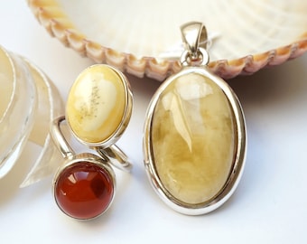 Double Sided Amber Pendant, Double Sided Pendant, Baltic Amber Jewellery Set, Baltic Amber Jewellery, Multicolor Amber Ring And Pendant