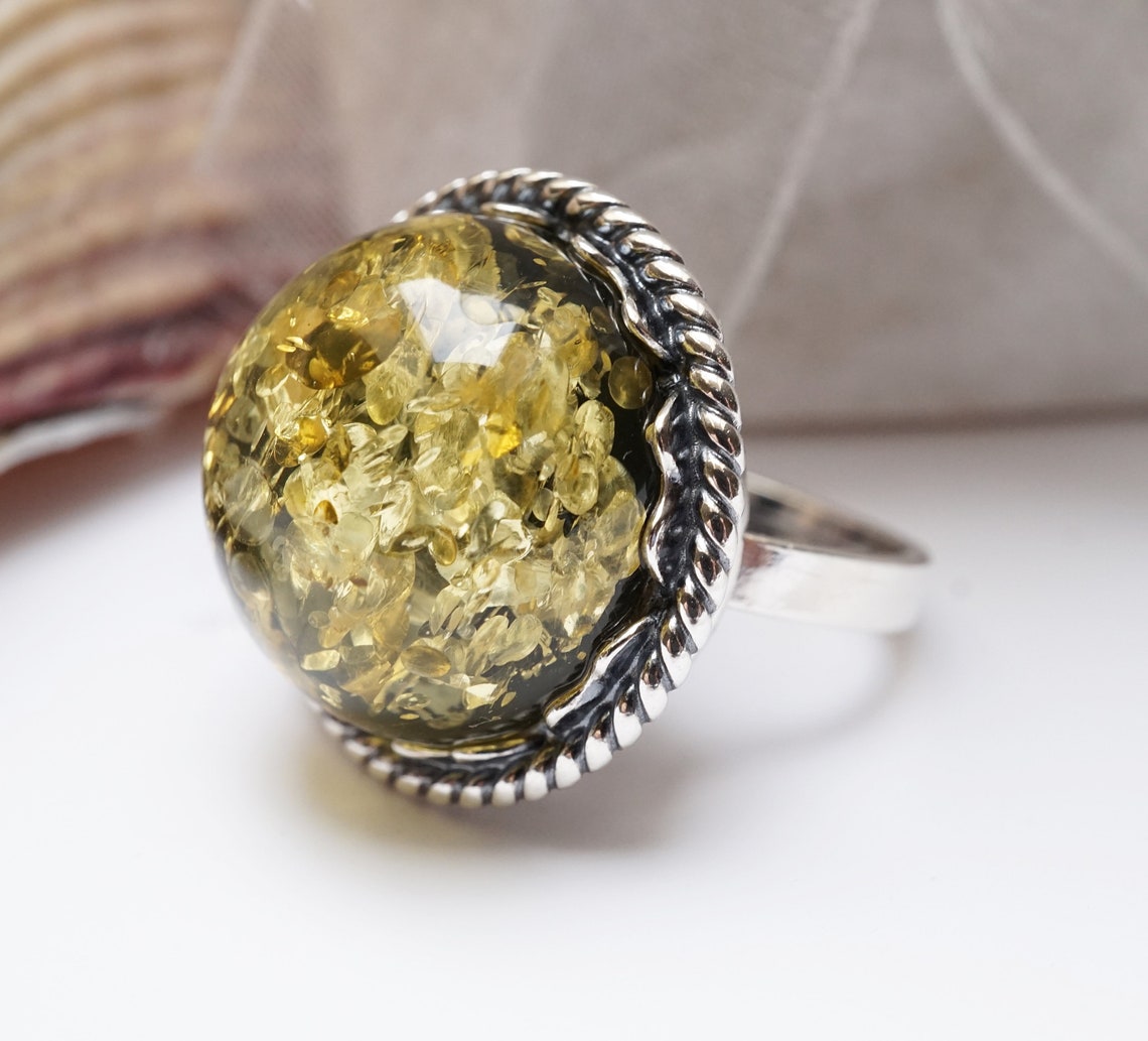 Silver and Green Amber Ring Classic Round Green Amber Ring Etsy