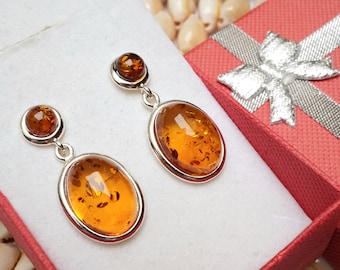 Orecchini quadrati in argento sterling e ambra baltica color