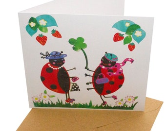 100% Recycled - Ladybirds and Strawberries Card - ECO Friendly Birthday Cards - 1-10 cards / envelopes by Re-wrapped