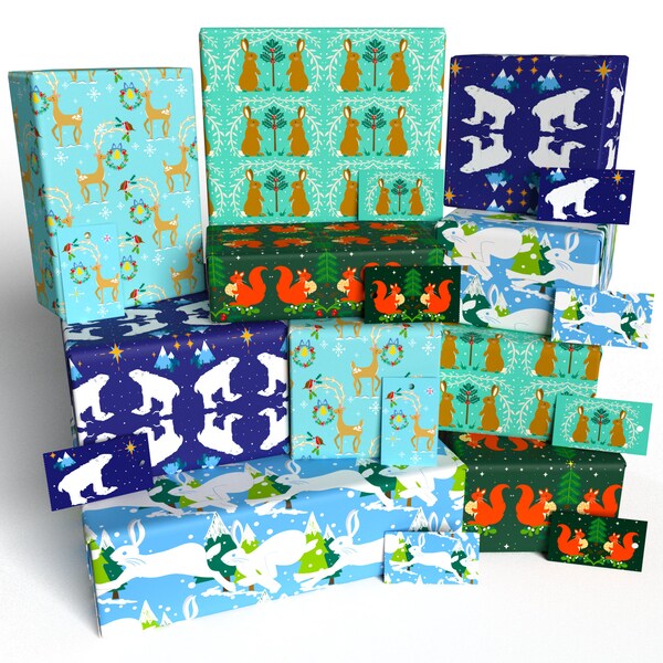 10 Sheets - Christmas Animal Ten Pack - 100% Recycled - ECO Friendly Festive Wrapping Paper Gift Wrap (Folded) - Re-wrapped