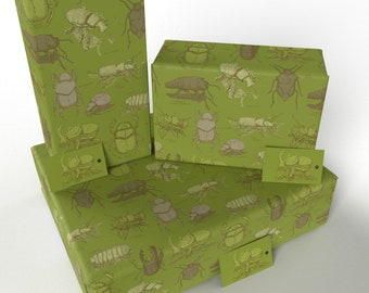 3 Sheets - Green Beetles - 100% Recycled - ECO Friendly Birthday Gift Wrap Wrapping Paper (Folded) - Re-wrapped