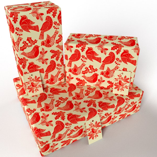 Re-wrapped: Xmas Folk Robins Red - 100% Recycled - ECO Friendly Christmas Festive Gift Wrap Wrapping Paper - 3 Sheets / 3 Tags (Folded)