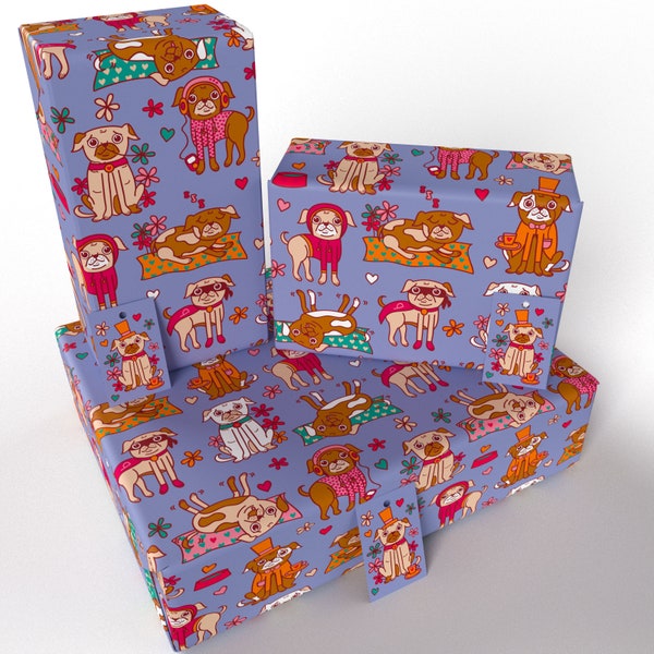 3 Sheets - Children's Pugs - 100% Recycled - ECO Friendly Birthday Gift Wrap Wrapping Paper (Folded) - Re-wrapped