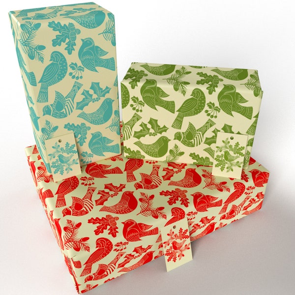 Re-wrapped: Christmas Folk Robins Bundle - 100% Recycled - ECO Friendly Christmas Wrapping Paper Gift Wrap - 6 Sheets / 6 Tags (Folded)