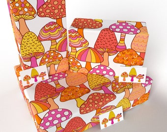 3 Sheets - Marvellous Mushrooms - 100% Recycled - ECO Friendly Birthday Gift Wrap Wrapping Paper (Folded) - Re-wrapped
