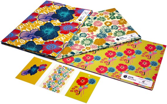 Wild Flowers 1 sheet 1 tag of eco friendly recycled wrapping paper