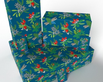 Re-wrapped: Xmas Blue Cinnamon and Berries - 100% Recycled - ECO Christmas Festive Gift Wrap Wrapping Paper - 3 Sheets / 3 Tags (Folded)