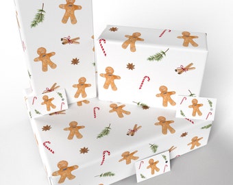 Re-wrapped: Xmas White Gingerbread Men - 100% Recycled - ECO Christmas Festive Gift Wrap Wrapping Paper - 3 Sheets / 3 Tags (Folded)