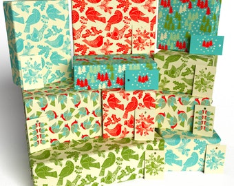 10 feuilles - Christmas Folk Robins Ten Pack - 100% recyclé - Kate Heiss ECO Festive Wrapping Paper Gift Wrap (Plié) - Réemballé