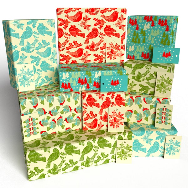 10 Sheets - Christmas Folk Robins Ten Pack - 100% Recycled - Kate Heiss ECO Festive Wrapping Paper Gift Wrap (Folded) - Re-wrapped