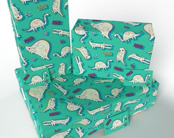 3 Blätter - Grüne Dinosaurier für Kinder - 100% recycelt - ECO-freundliches Geschenkpapier (gefaltet) - neu verpackt