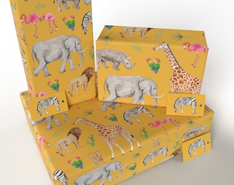 3 Feuilles - Safari Africain pour Enfants - 100% Recyclé - Papier Cadeau d'Anniversaire ECO Friendly (Plié) - Re-emballé