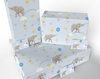 3 Feuilles - Fête Prénatale de Baptême d'Éléphant pour Enfants - Papier d'Emballage Cadeau d'Anniversaire 100% Recyclé et Écologique (Plié) - Re-emballé