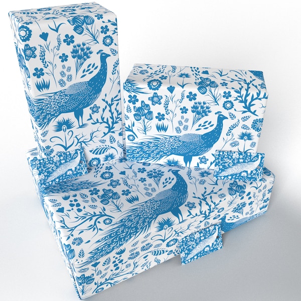 3 Sheets - Blue Peacocks - 100% Recycled - ECO Friendly Birthday Gift Wrap Wrapping Paper (Folded) - Re-wrapped