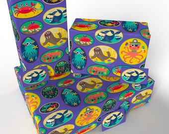 Reconditionné : créatures marines pour enfants - 100 % recyclé - Papier cadeau d'anniversaire respectueux de l'environnement - 3 feuilles/3 étiquettes (pliées)