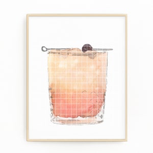水彩画の昔ながらのバーボン ウイスキーの絵画、クリップアート、特製カクテル メニュー、バー カート、.png、デジタル プリントのダウンロード