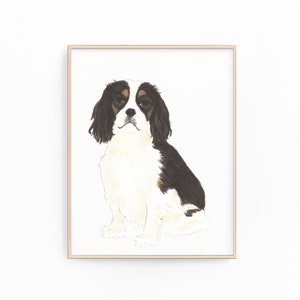 トライカラーのキャバリア キング チャールズ スパニエルの絵画、印刷可能、ペットの肖像画、特製カクテル メニュー、結婚式の詳細、保育室、本棚