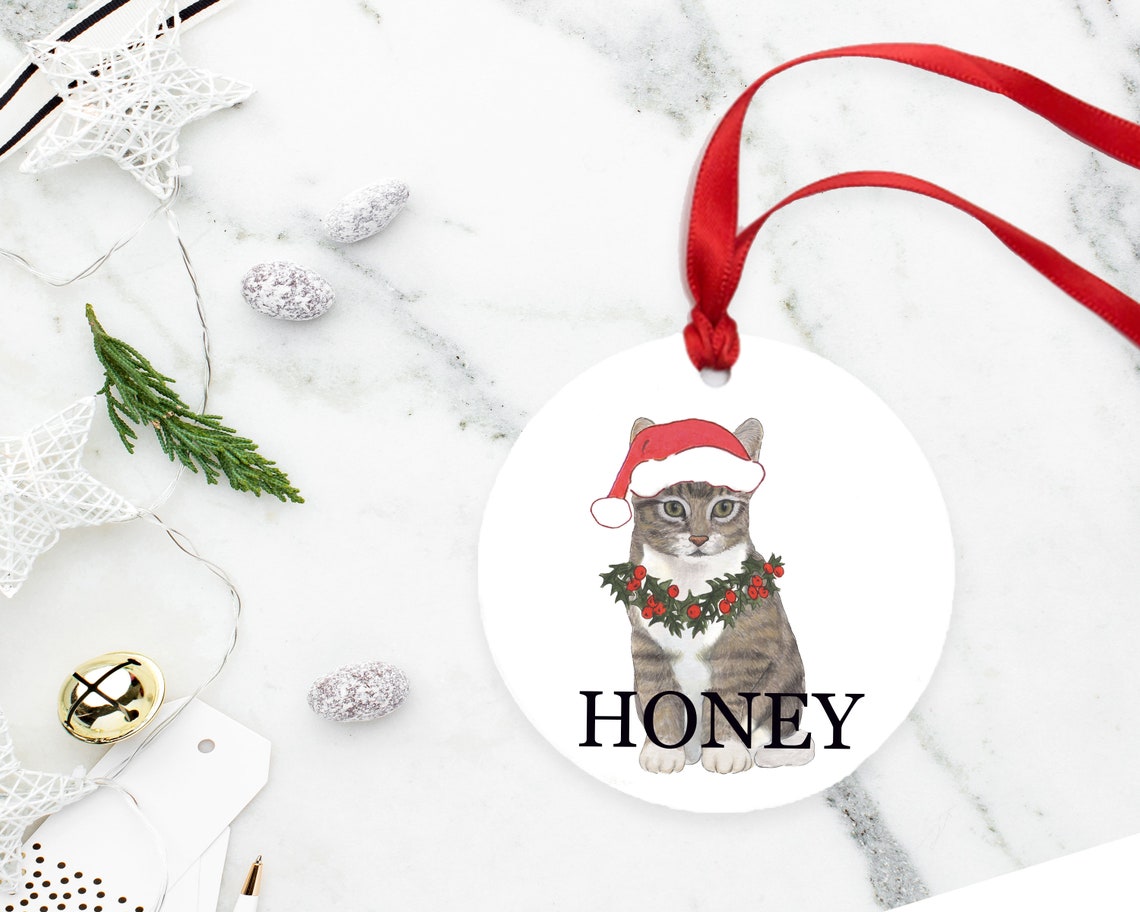 Personalized Tabby Cat Grey Christmas Ornament Etsy