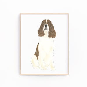 レバー＆ホワイトのイングリッシュ スプリンガー スパニエル犬の絵画、印刷可能、クリップアート、ペットの肖像画、特製カクテル メニュー、結婚式の詳細、保育園