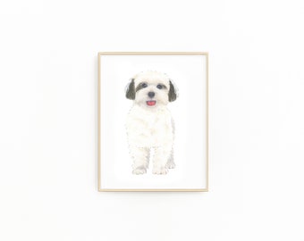 May include: A framed illustration of a white dog with brown ears and a pink tongue sticking out. The dog is looking directly at the viewer.