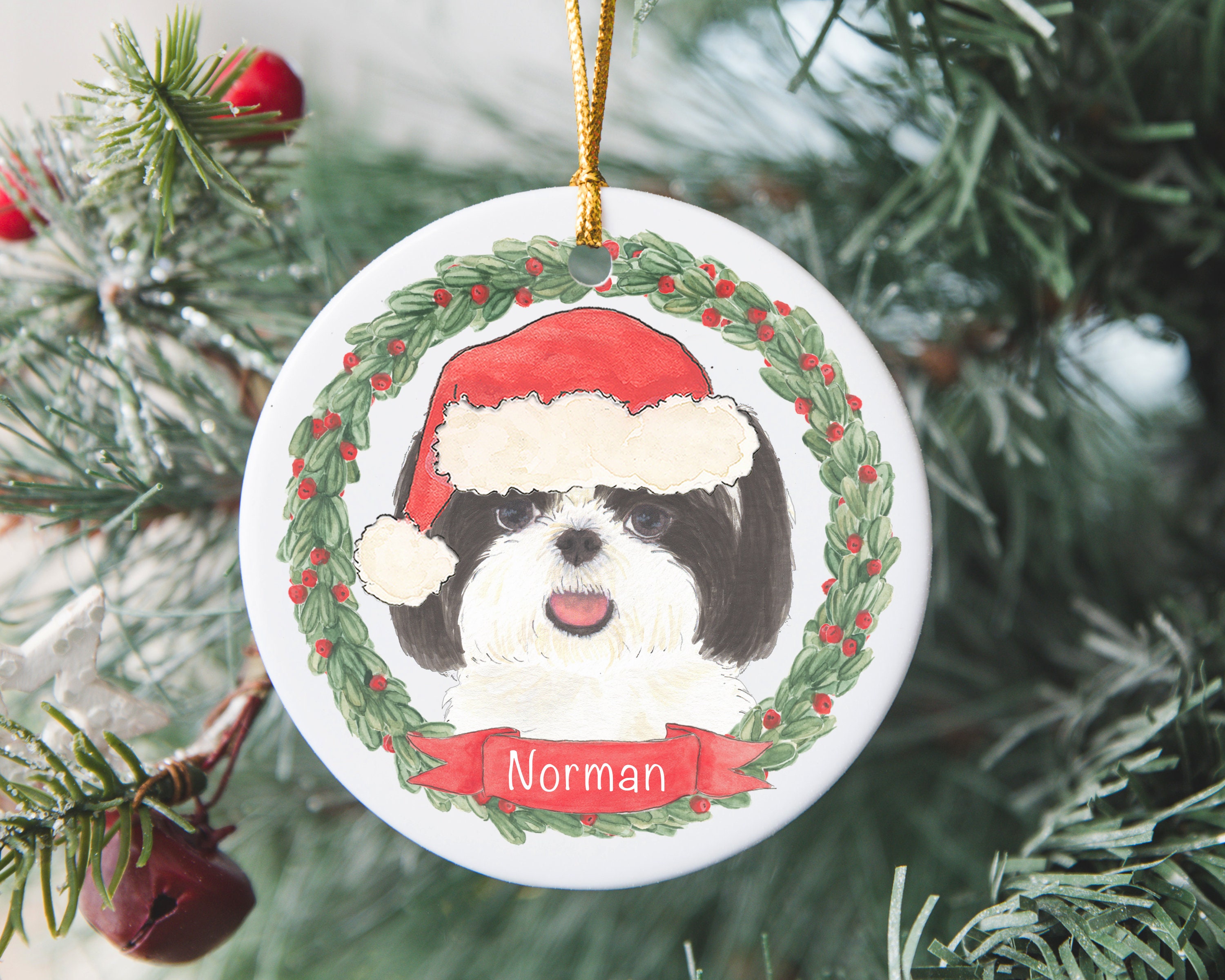 Discover Personalized Shih Tzu (Black & White) Christmas Ornament