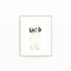 May include: A watercolor painting of a small, white dog with black fur around its eyes and ears. The dog is standing on a white background and is looking directly at the viewer.