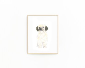 May include: A watercolor painting of a small, white dog with black fur around its eyes and ears. The dog is standing on a white background and is looking directly at the viewer.