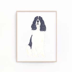 黒と白のイングリッシュ スプリンガー スパニエルの絵画、印刷可能、犬のクリップアート、ペットの肖像画、特製カクテル メニュー、結婚式の詳細、保育園